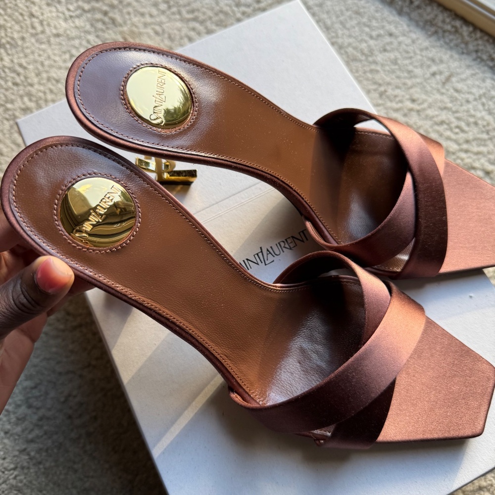 Saint Laurent Opyum YSL Logo-Heel Satin Slide Sandals - Picture 2 of 7
